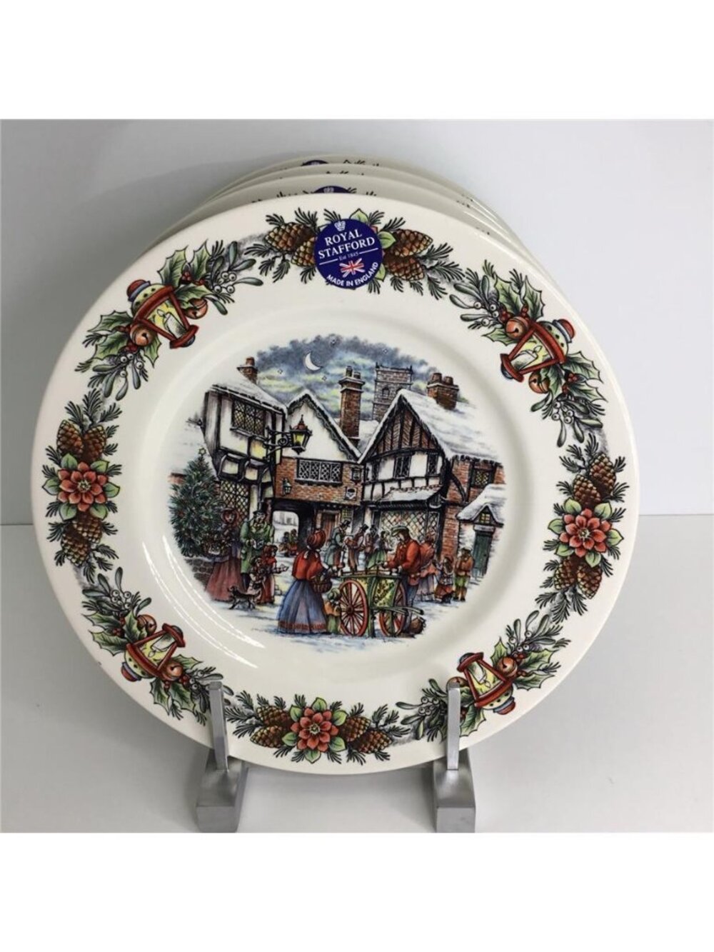 4 Royal Stafford Dinner Plates 11” Christmas Winter Snow NEW